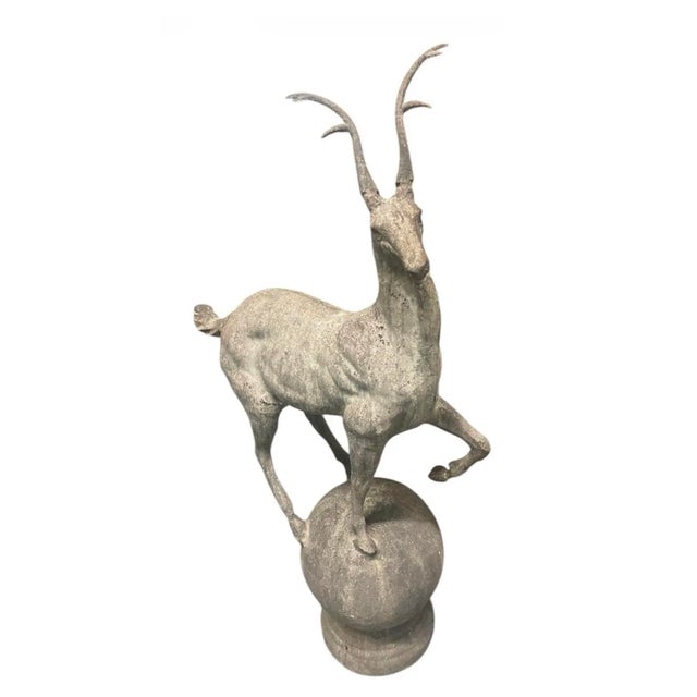 Neoclassical Pair of Neoclassical Cast Iron Gazelle Garden Ornaments on Spherical Finial Bases For Sale - Image 3 of 12