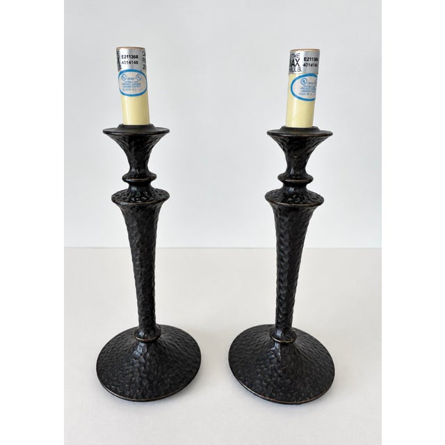 Small Dark Patinated Brass or Bronze Giacometti Style Table Lamps - Pair For Sale - Image 4 of 14