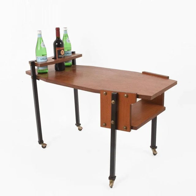 Mid-Century Serving Cart with Teak and Enameled Metal Bottle Holder For Sale - Image 4 of 13
