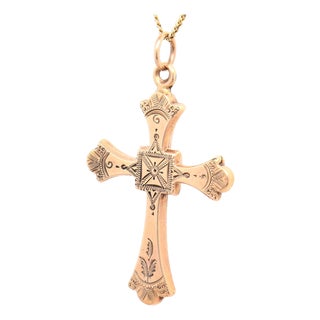 Antique Victorian 10k Gold Engraved Cross Pendant for a Necklace For Sale