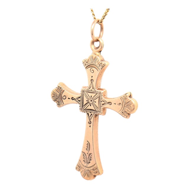 Antique Victorian 10k Gold Engraved Cross Pendant for a Necklace For Sale