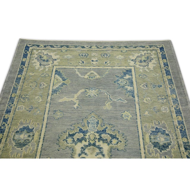 Early 21st Century Blue & Green Floral Design Handwoven Wool Turkish Oushak Rug 4'1" X 5'10" For Sale - Image 4 of 7