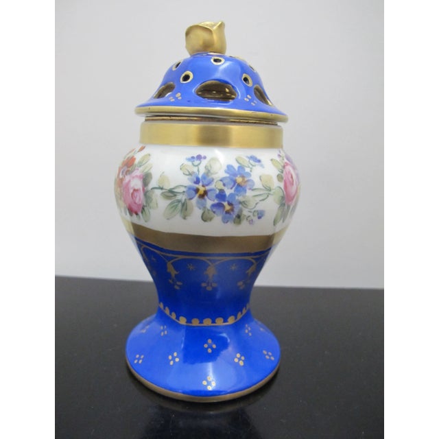 French Sevres French Hand Painted Floral Porcelain Gilt Cobalt Blue Perfume Burner For Sale - Image 3 of 10