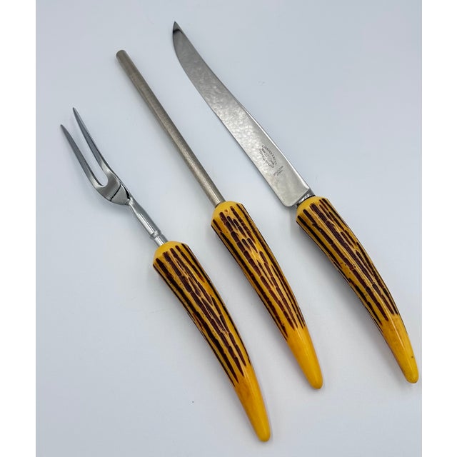 1950s Vintage E. Parker & Sons Sheffield Faux Antler Bakelite 3pc Carving Knife Set For Sale - Image 5 of 7