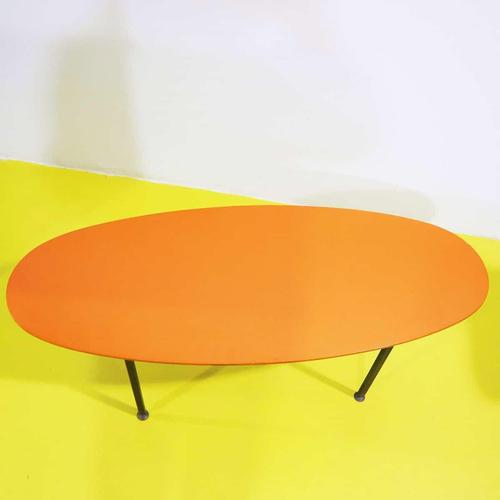 Industrial Oval Coffee Table with Orange Wooden Top and Metal Base, 1970s For Sale - Image 3 of 7