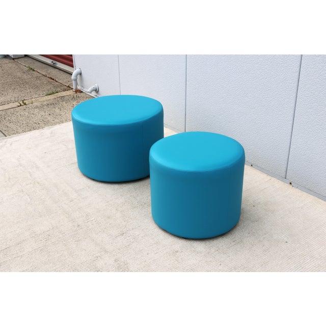 Wood Modern Boost Round Ottomans in Tropic Blue Silicone by Ofs and Carolina - A Pair For Sale - Image 7 of 18