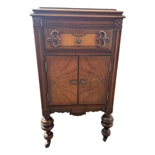 Antique Grand Rapids Carved Wood Cabinet on Casters – Michigan Made | Solid Wood For Sale