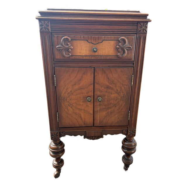 Antique Grand Rapids Carved Wood Cabinet on Casters – Michigan Made | Solid Wood For Sale