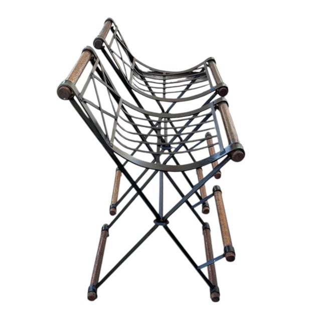 Mid 20th Century Mid 20th Century Pair of Campaign "X" Wrought Iron and Oak Bar Stools After Cleo Baldon by Continental Metal Furniture Co For Sale - Image 5 of 13