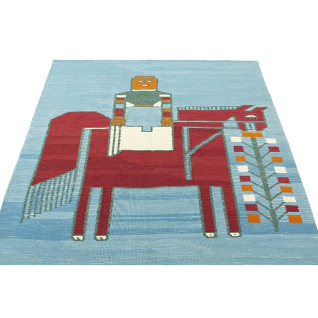 Modern Hand-Woven Designer Kilim Rug with Artful Equestrian Motif in Soft Blue Tones For Sale - Image 3 of 9
