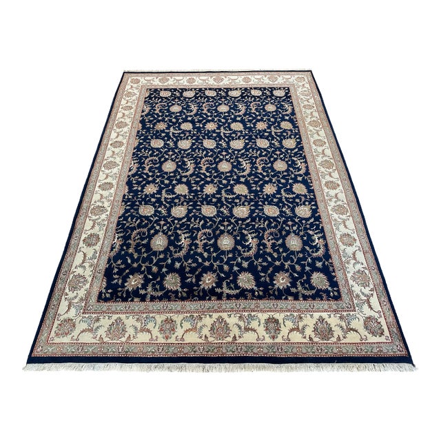 Silk-Accented Hand-Knotted Pak Persian Navy Field With Ivory Floral Border Rug For Sale