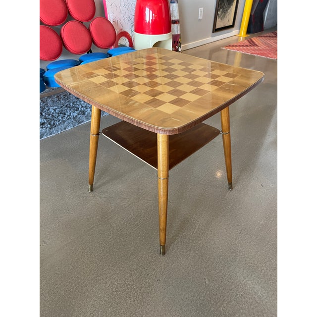 Rare game, cocktail, telephone table with integrated chess board, 50s Germany. Retains the original paper label on the...