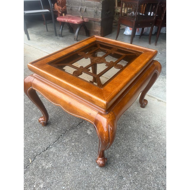 Wood Vintage Chinoiserie Carved Wood End Table With Glass Inset For Sale - Image 7 of 10