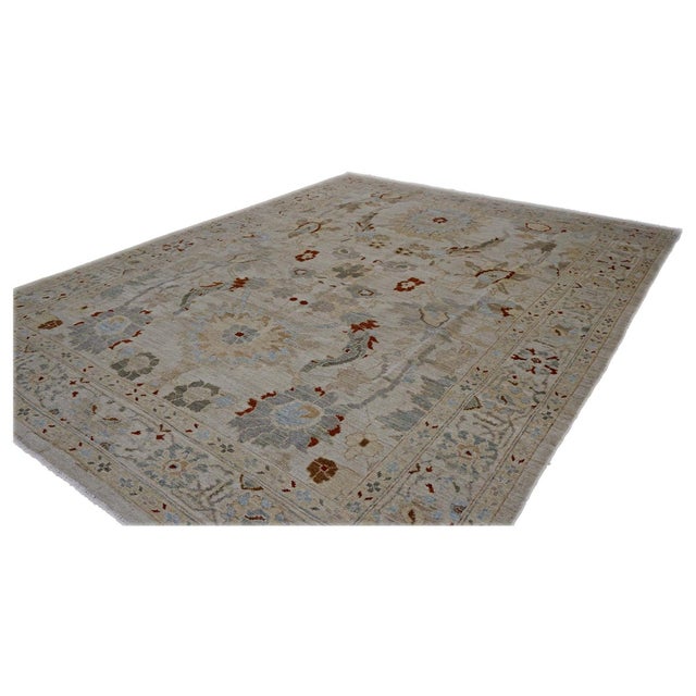 Persian Persia Sultanabad Wool 8x10 Ivory, Tan, Green & Red Handmade Area Rug #1143039 For Sale - Image 3 of 7