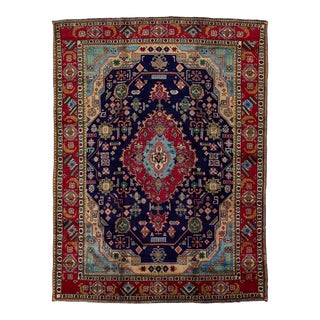 1960s Tabriz Persian Wool Rug With a Medallion Motif in Navy Blue For Sale