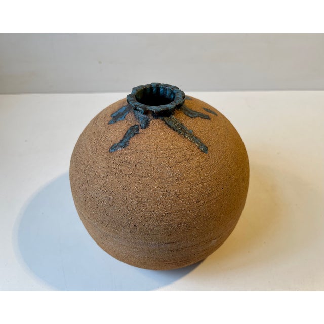 Blue Brutalist Scandinavian Stoneware Vase with Blue Drip Glaze, 1970s For Sale - Image 8 of 9