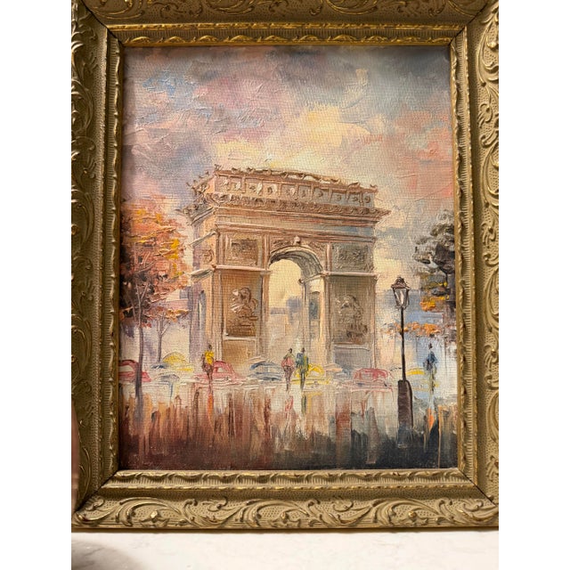 Small original painting of a Parisian street scene featuring the Arc de Triomphe. Lovely pastel colors with palette knife...