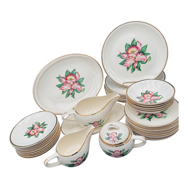 Vintage Modern Orchid by Paden City Pottery 22k Gold Rim 36 Pcs For Sale