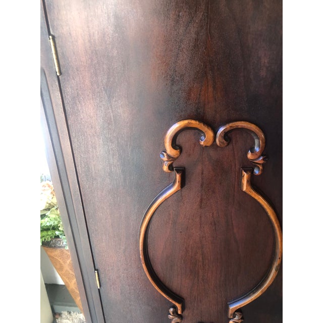 Antique Art Deco Mahogany Chifforobe — Cedar Lining, Carved Doors, Brass Casters, C. 1930s–1940s For Sale - Image 9 of 11