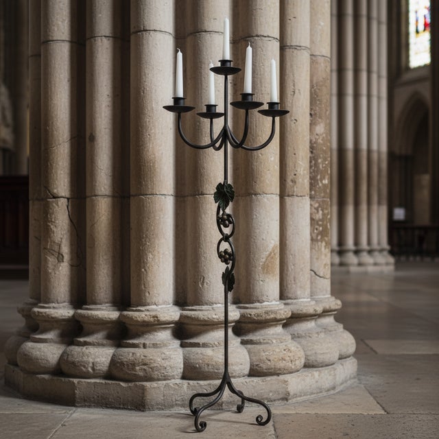 Hand Forged Iron Floor Candelabra 47″ (120cm) Antique Copper Patina 4-Arm 5-Candle Classic Scroll Holder Decor For Sale - Image 4 of 8