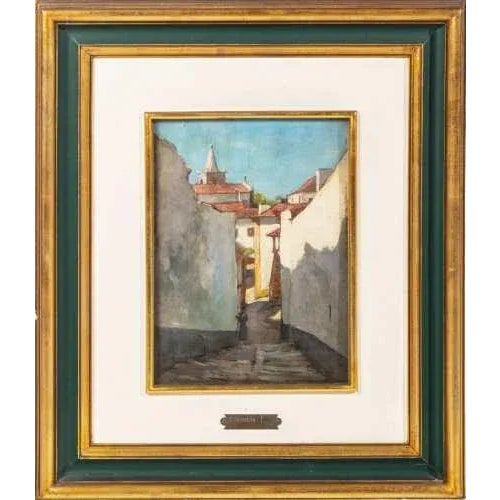 "Narrow street in Óbidos". Oil on wood. Signed on the back with a card from the author dated 1925. Dimensions: 40 x 29.5 cm.