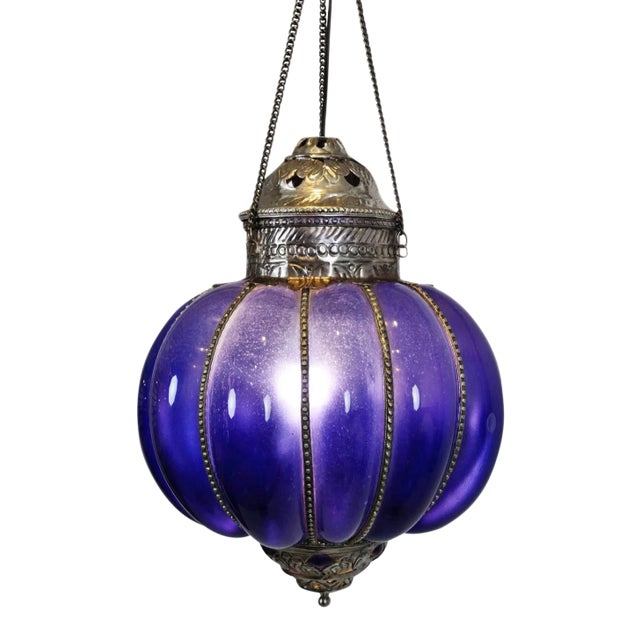 Vintage Blue Glass Pumpkin Pendant Light For Sale
