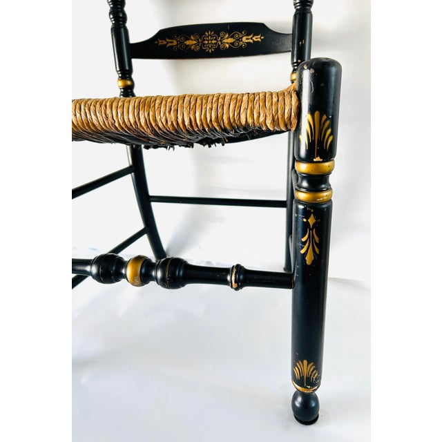 Vintage “L. Hitchcock. Hitchcocks-ville. Conn. Warranted.” Black Dining chair; ladder-back, stencil in harvest pattern....