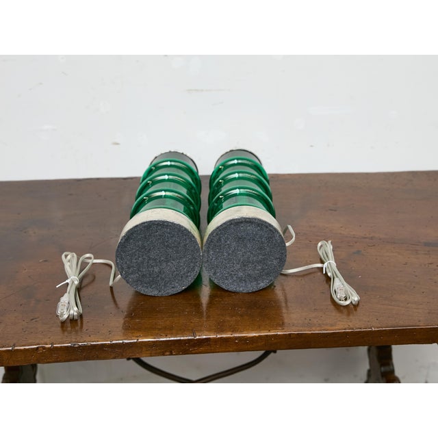 Metal Mid 20th Century Italian Midcentury Ribbed Green Glass Lamps with Silver Bases - Pair For Sale - Image 7 of 9