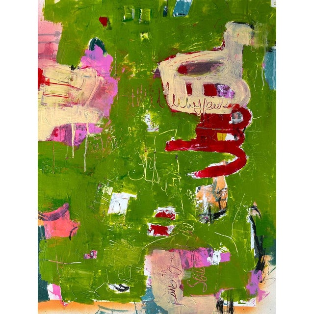 Abstract Christiane Corcelle "Orquevaux Mossy Whispers" Mixed Media on BFK Paper, Framed Abstract Painting in Moss Green, Pink and Red, 2024 For Sale - Image 3 of 9