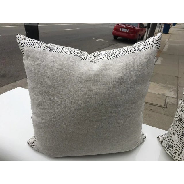 2010s Custom Cream Linen Navy Geometric Design Pillows - A Pair For Sale - Image 5 of 8