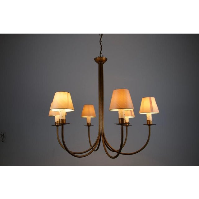 Large Brass Six-Arm Chandelier with Fabric Shades, Germany, 1970s For Sale - Image 4 of 10