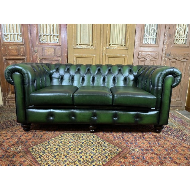 Vintage MidCentury English Leather Chesterfield 3 Seat Sofa, Green