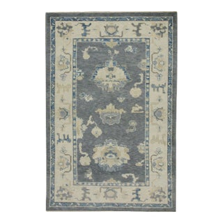 Early 21st Century Gray & Blue Floral Design Handwoven Wool Turkish Oushak Rug 3'10" X 6'2" For Sale