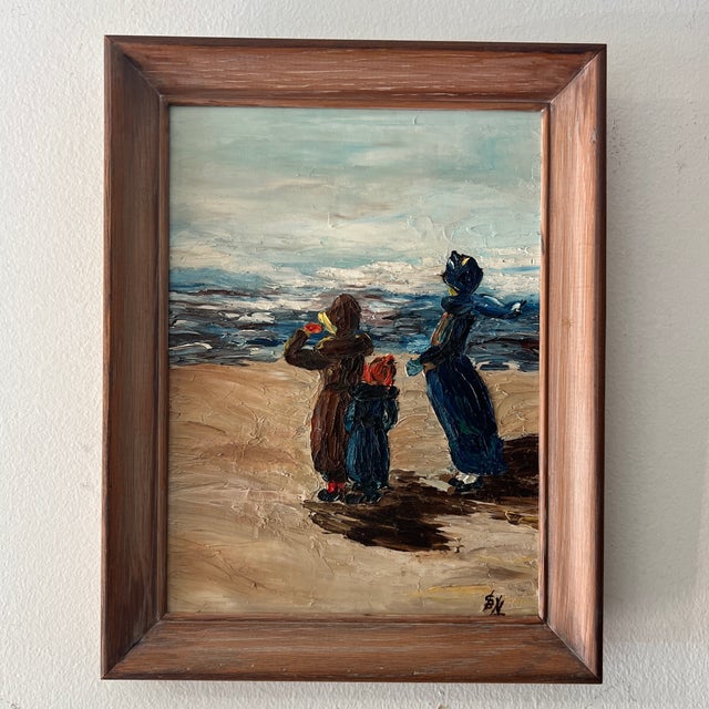 20th Century oil on board impressionist style sigh framed Family at the sea shore