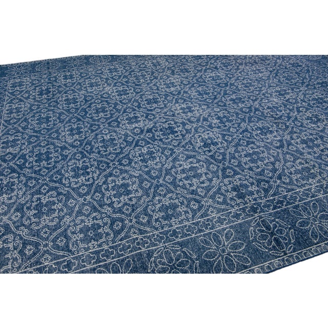 Blue Mid-Century Modern Style Handmade Floral Trellis Motif Wool Rug For Sale - Image 9 of 11
