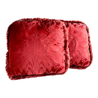 Pair of Red Damask Pillows With Fringe For Sale