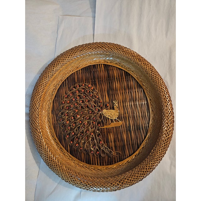 Mid-Century Modern Set of Three Vintage 1970s Wicker Peacock Wall Hanging Boho Rattan Woven Art Pieces For Sale - Image 3 of 5