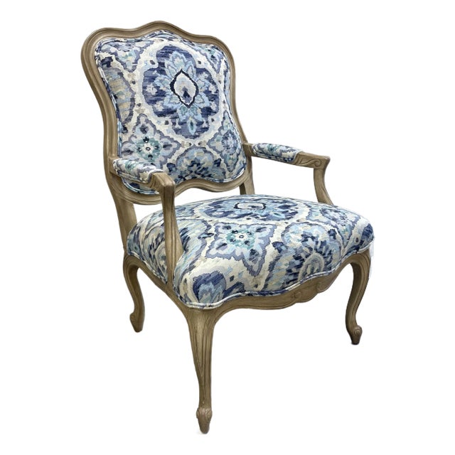 French Louis XV Style Armchair in Blue Medallion Upholstery For Sale