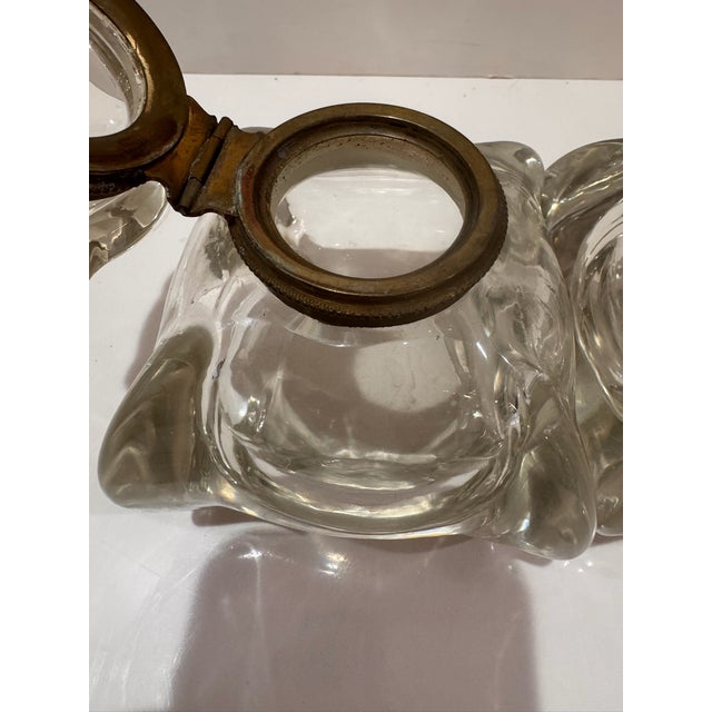 Brass Pair of Vintage Clear Glass Ink Bottles Art Deco Style Brass Collars 1930s Desk For Sale - Image 8 of 8