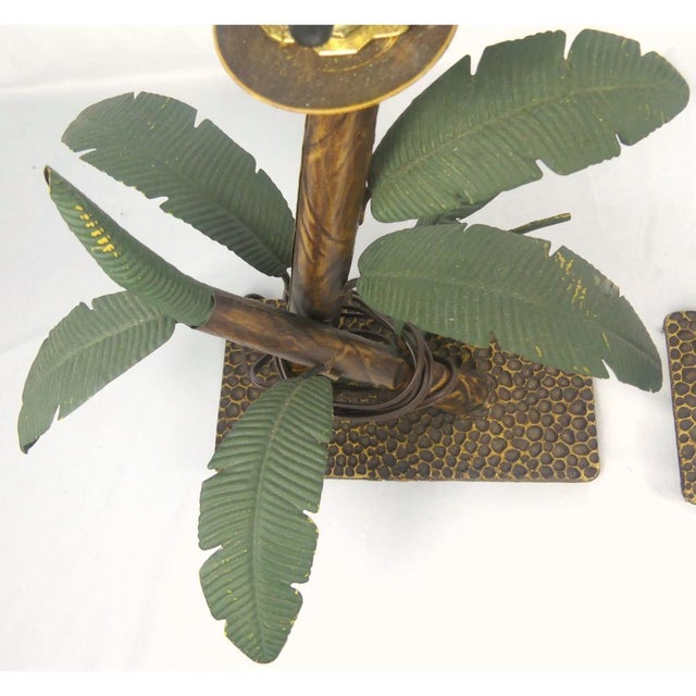Hollywood Regency 1970s Painted and Bronzed Banana Tree Tiki-Style Lamps - A Pair For Sale - Image 3 of 5