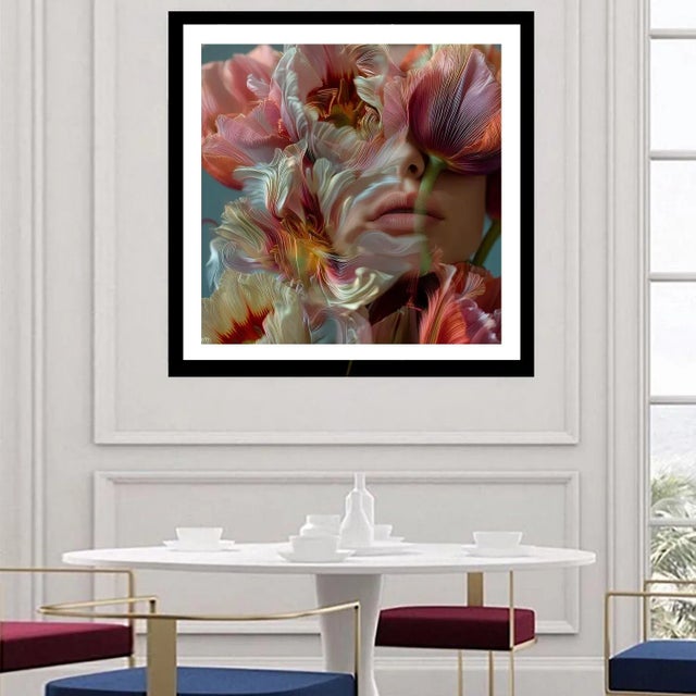 An ethereal portrait where translucent petals unfurl across a woman's face, blending flesh and flora into a dreamlike...