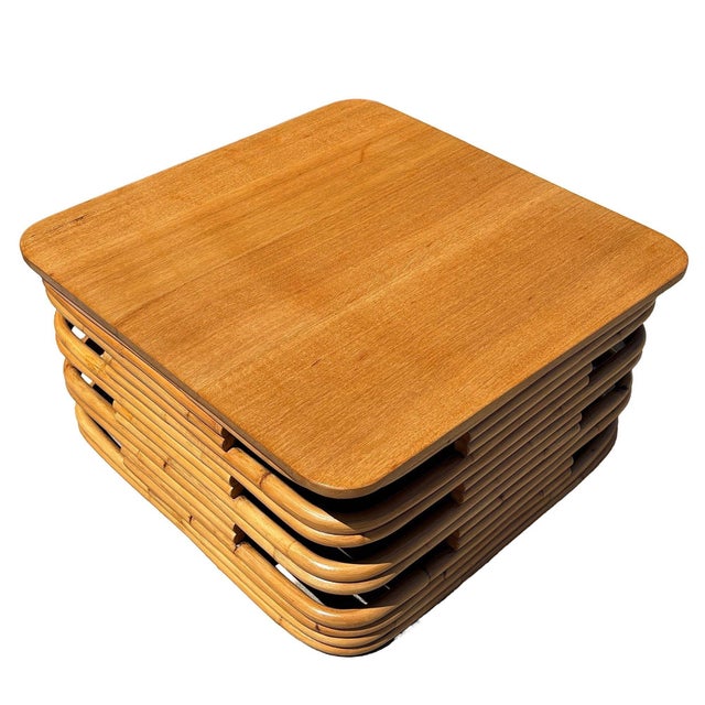 1940s 1940s Restored MCM Stacked Rattan Coffee Table W/ Rattan Wrapped Mahogany Top For Sale - Image 5 of 6