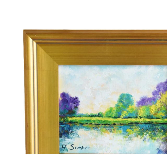 Serene Impressionist Lake & Landscape Oil Painting Including the Antiqued Gold Wood Frame For Sale In Los Angeles - Image 6 of 10