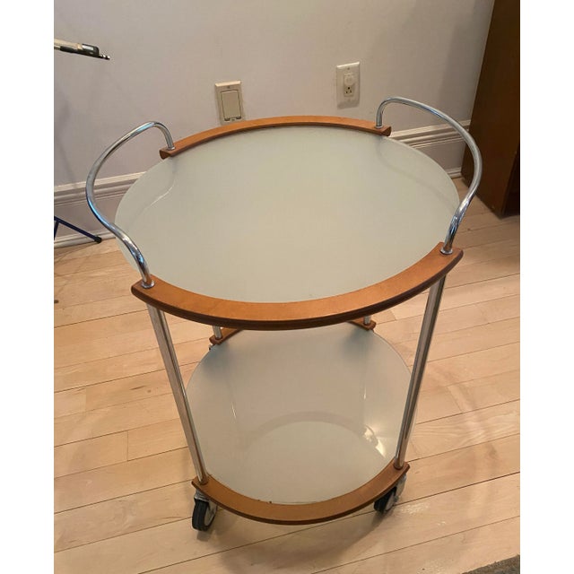 Italian 1990s Italian Wood, Sterling, and Frosted Glass 2 Level Bar Cart With Wheels For Sale - Image 3 of 6