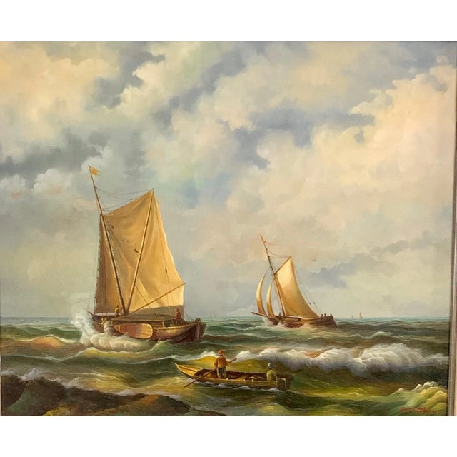 Exquisite nautical sailboat oil painting in timeless glory. Signed by E. Ponthier, framed maritime charm. Condition: In...
