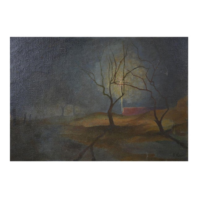 Vintage Mid 20th Century Surreal Light in the Night Painting For Sale