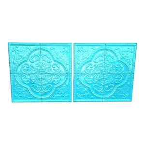 Vintage Huge Square Bright Blue Carved Metal Tin Ceiling Tile Wall Art- A Pair