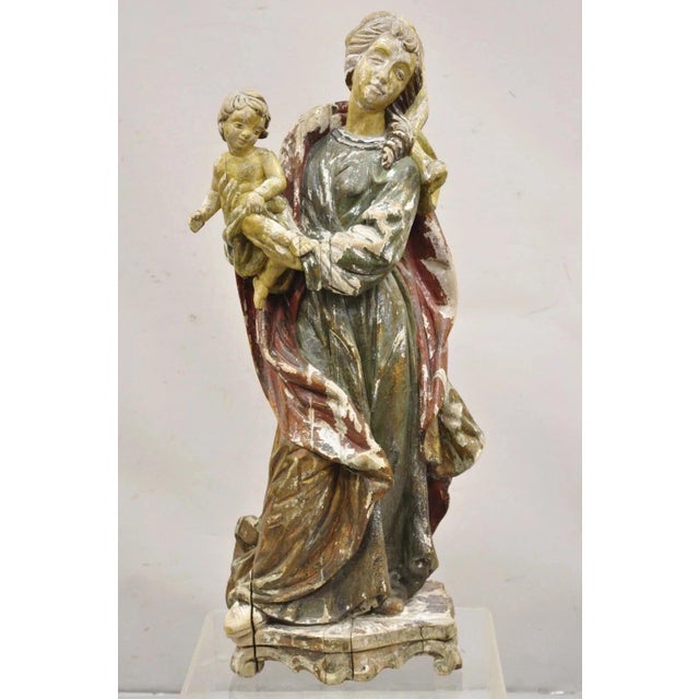 Antique Spanish Latin Polychromed Carved Wood Figure Madonna and Child Statue For Sale - Image 10 of 10