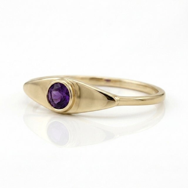 Contemporary Purple Amethyst Marquise Eye Signet Ring | Dainty 18k Yellow Gold Plated Bezel Band | February Birthstone Solitaire Ring Us 7 For Sale - Image 3 of 3