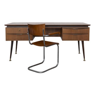 Large Mid-Century Modern Desk in Walnut Veneer and Brass, 1950s For Sale